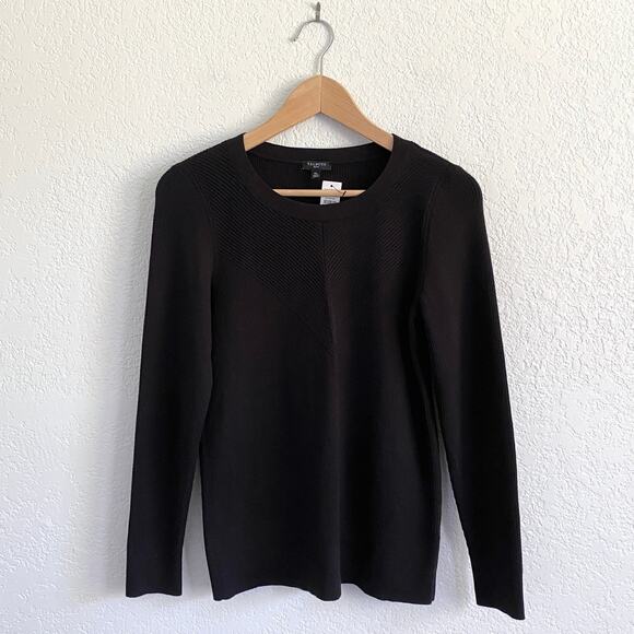 NWT Talbots Rib Trim Pullover Long Sleeve Crewneck Sweater Top Black Minimalist - Picture 2 of 9